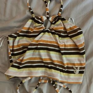 PLAYBOY Striped Halter Crop Top in Brown, Yellow, Cream, White